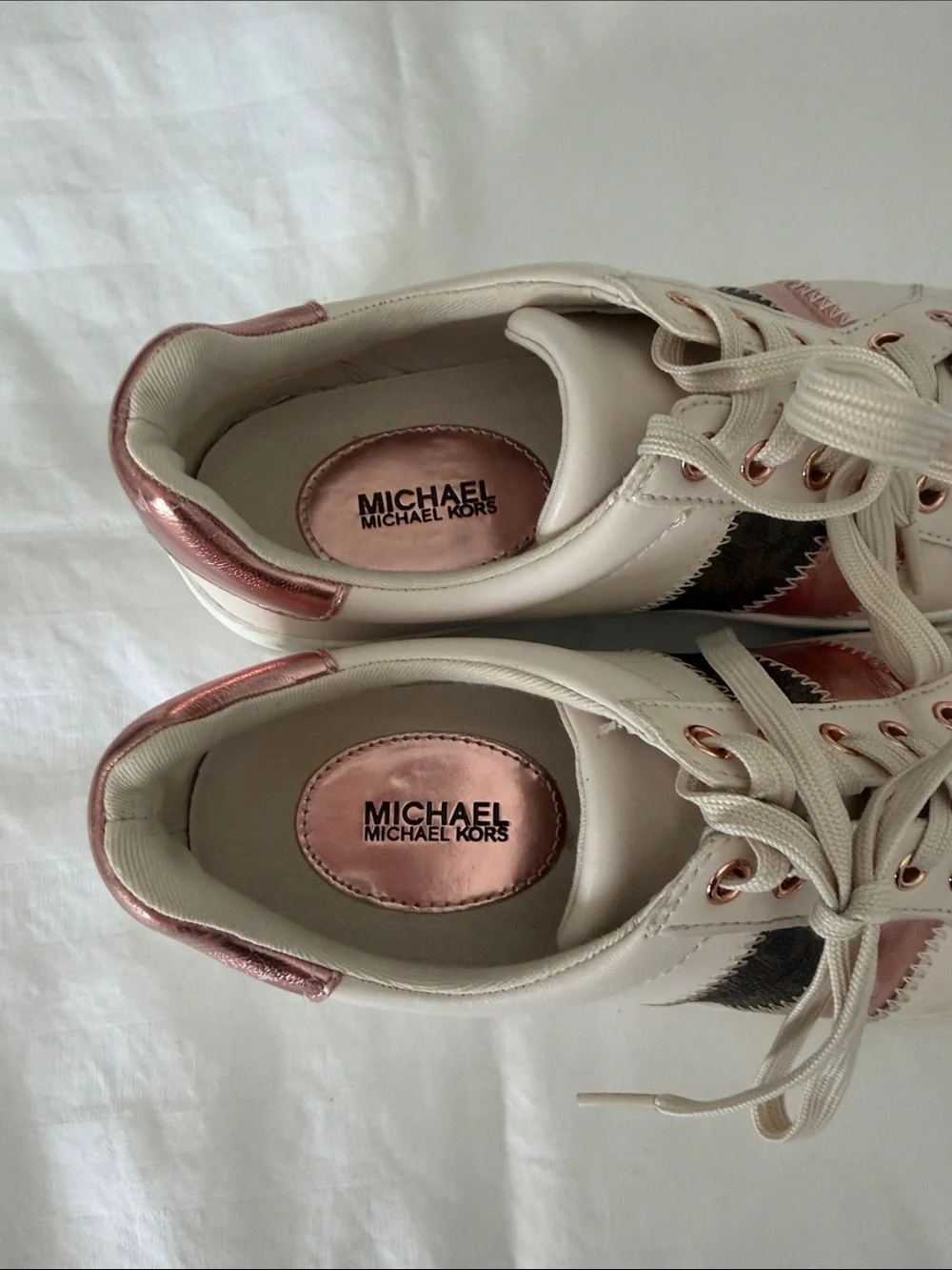 Michael Kors Cream Leather Sneakers with Rose Gold and Black Accents